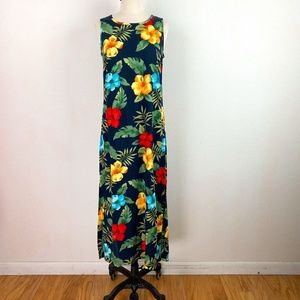 La Cabana Dark Blue Bright Floral Hawaiian Midi Dress Rayon Shift Sleeveless SM